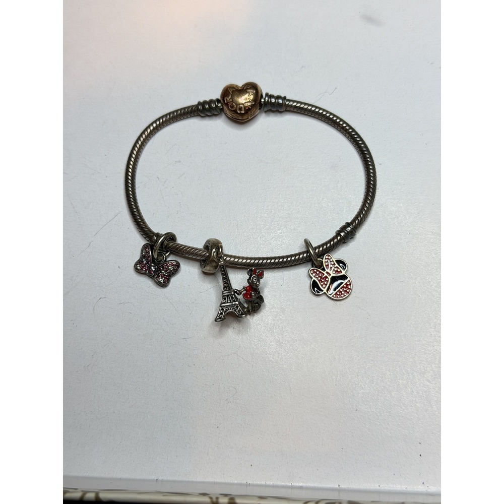 Pandora Sterling Silver Snake Chain Bracelet w/ Eiffel Tower Minnie Mouse Charms